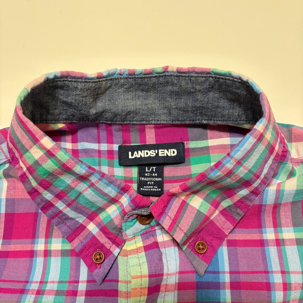 Lands End Mens Traditional Fit Plaid Madras Button Down Short Sleeve Shirt Large - Picture 3 of 12